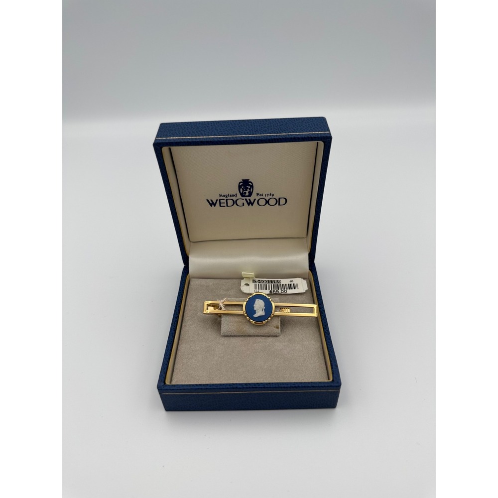 Wedgwood England Jasperware blue Gold‎ Tone Tie Clip Bar Mens Accessory in Box